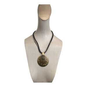 Vintage Premier Designs Black Multi-Cord Brass Tone Three Round Pendant Necklace